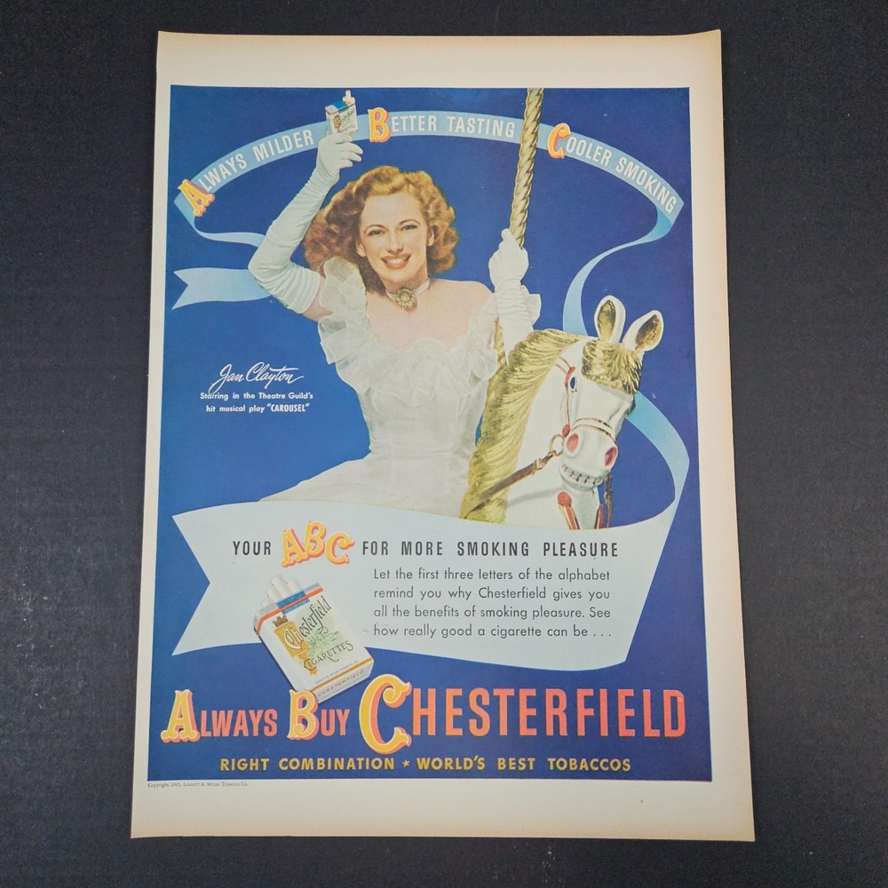 1945 Always Buy Chesterfield Cigarettes Vintage Print Ad Jan Clayton Carousel